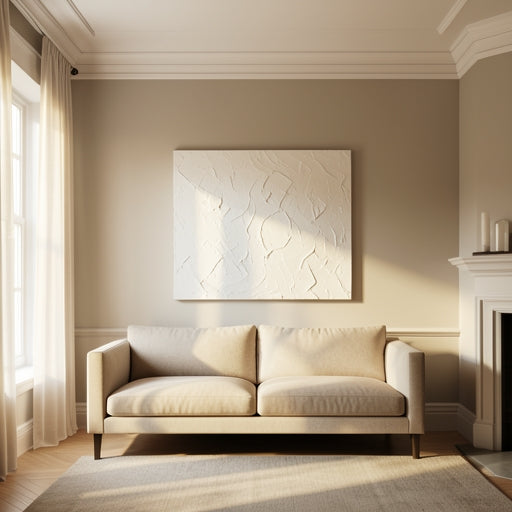 Modern living room featuring a large white textured wall art canvas above a beige sofa