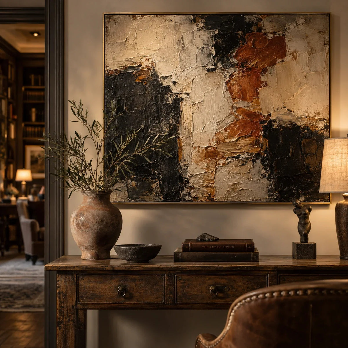 A beautiful handmade oil painting displayed in a curated home gallery setting.
