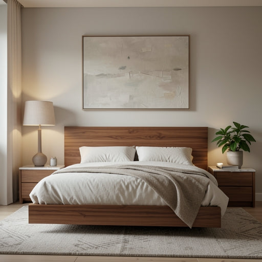 Cozy master bedroom featuring a large neutral textured wall art canvas above the bed
