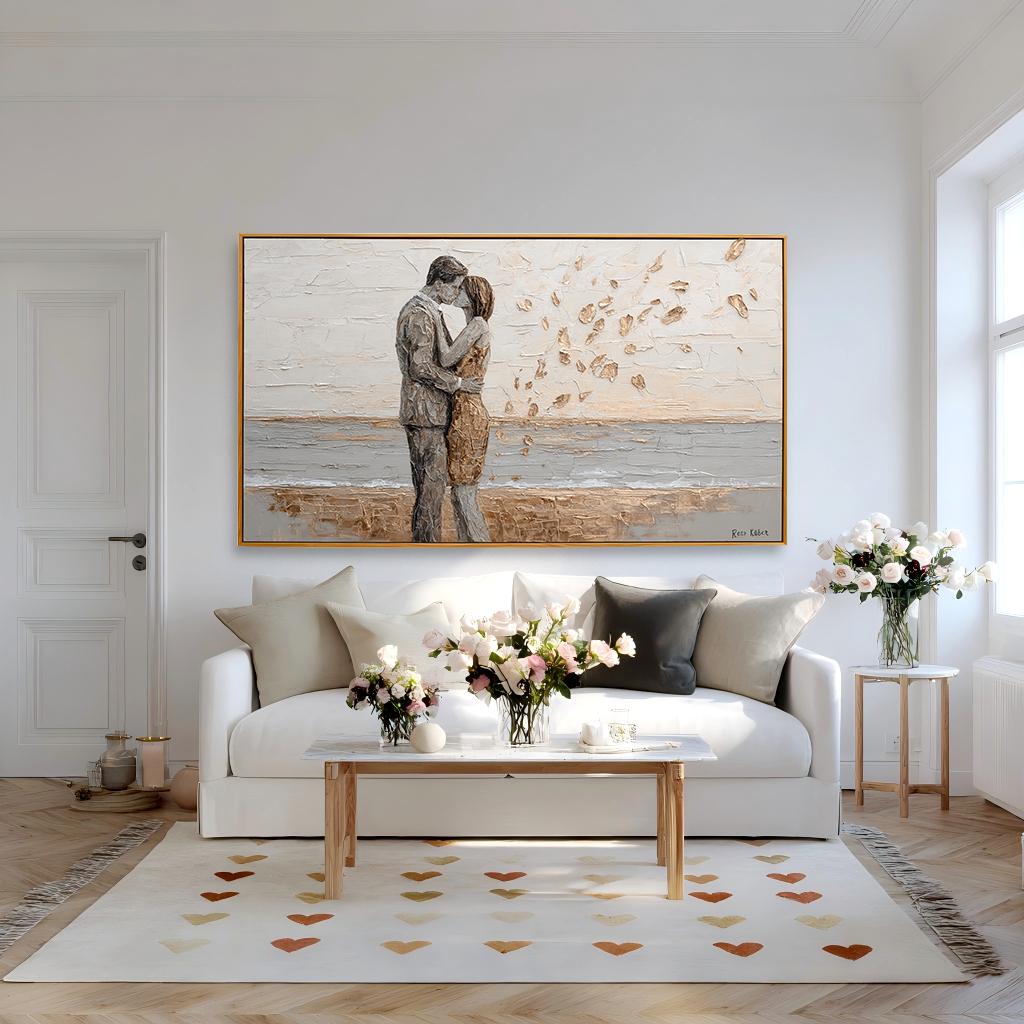 Golden Embrace: A Textured Romantic Wall Art for Bedroom Decor