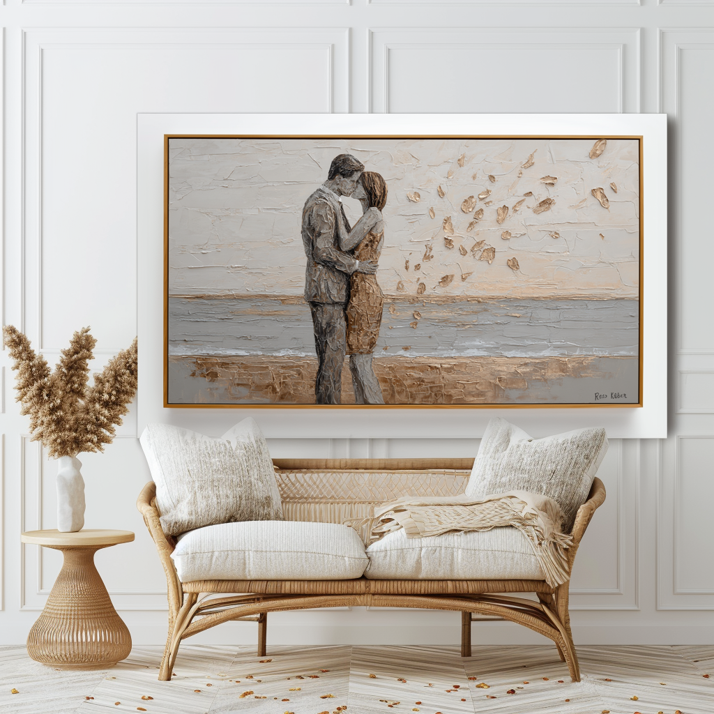 Golden Embrace: A Textured Romantic Wall Art for Bedroom Decor