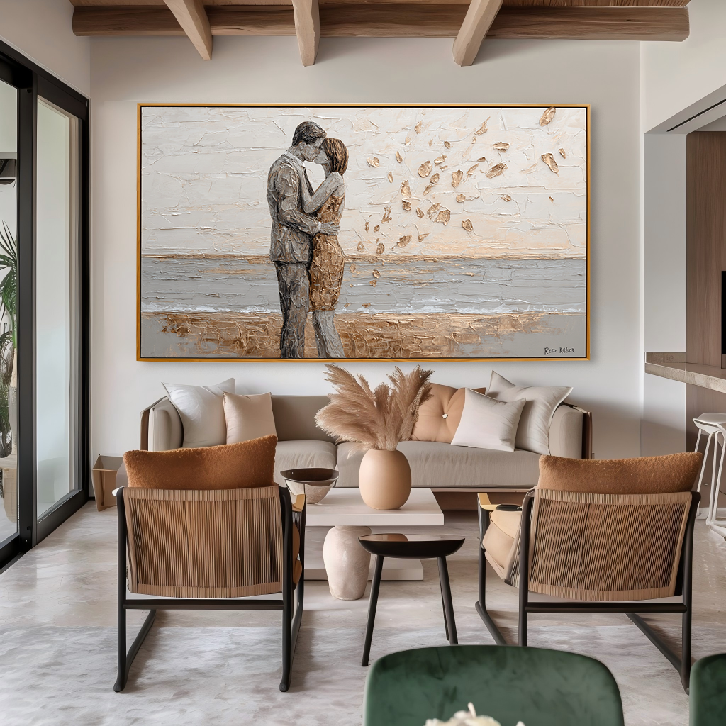 Golden Embrace: A Textured Romantic Wall Art for Bedroom Decor