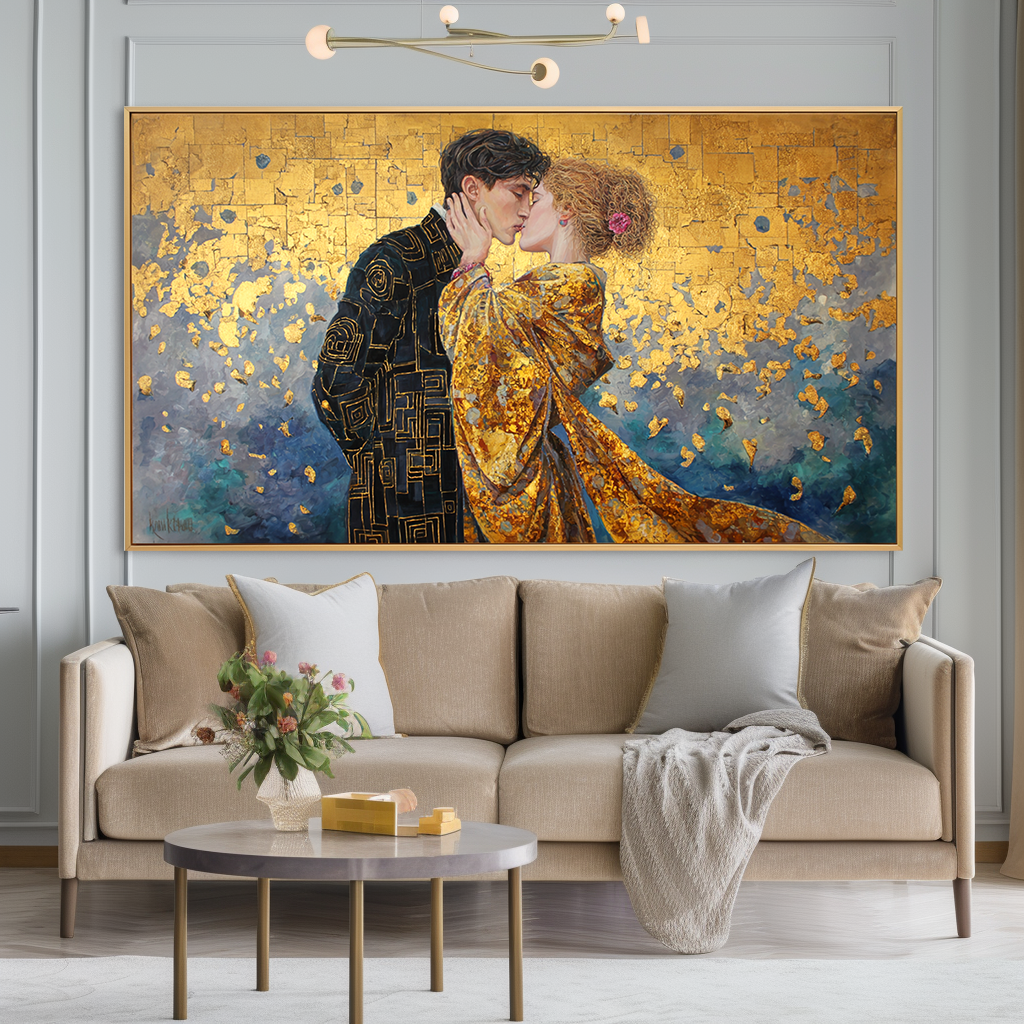 The Golden Kiss: A Romantic Wall Art for Living Room Decor