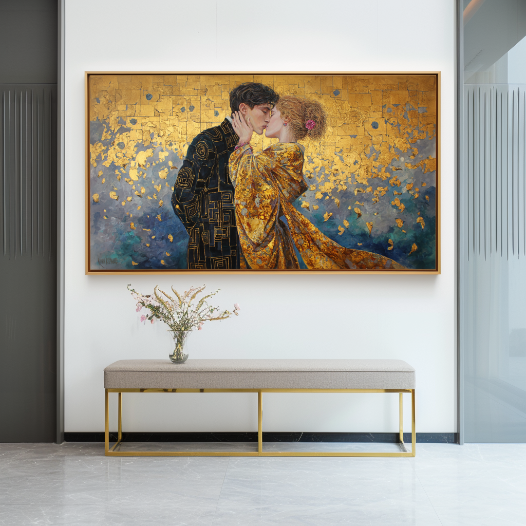 The Golden Kiss: A Romantic Wall Art for Living Room Decor