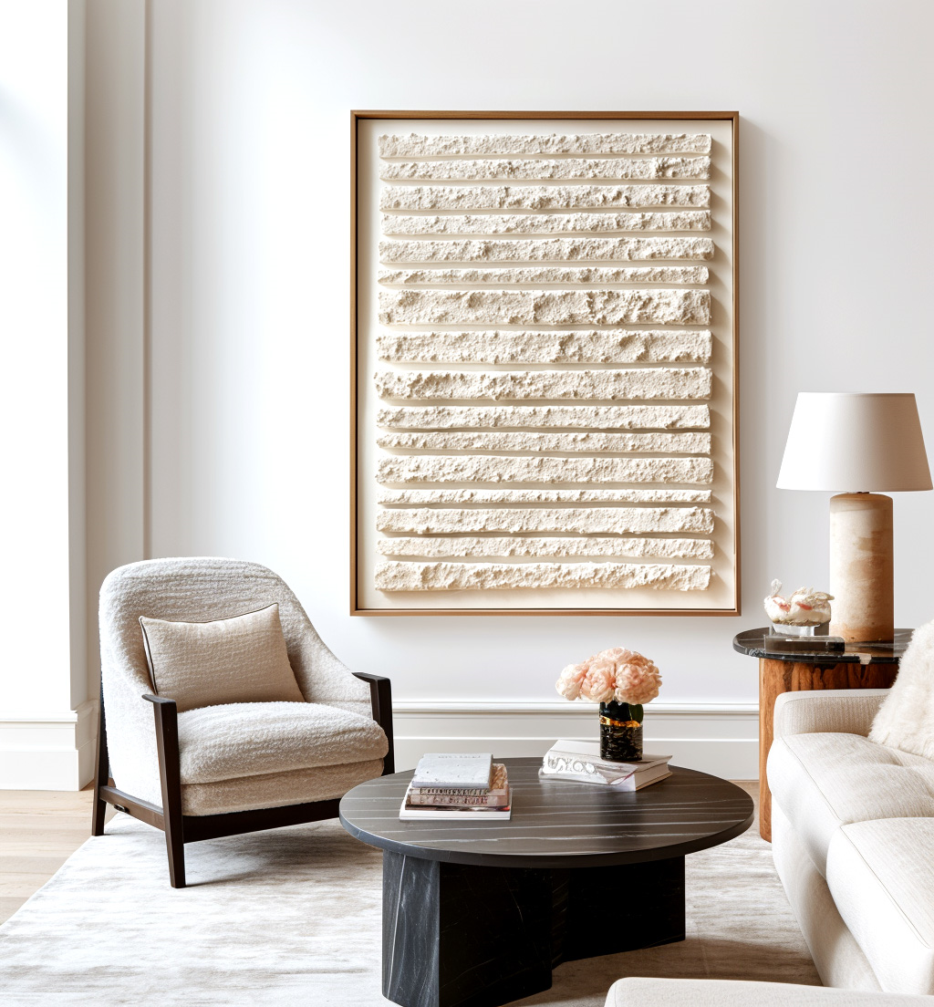 Wabi Sabi Textured Wall Art, Neutral White Minimal Lines Canvas for Living Room Decor