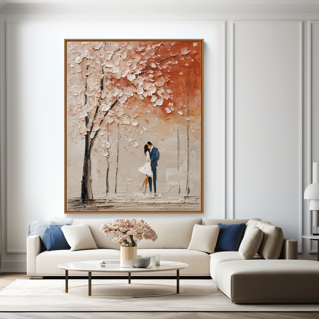 Autumn Embrace: A Textured Romantic Wall Art for Bedroom Decor