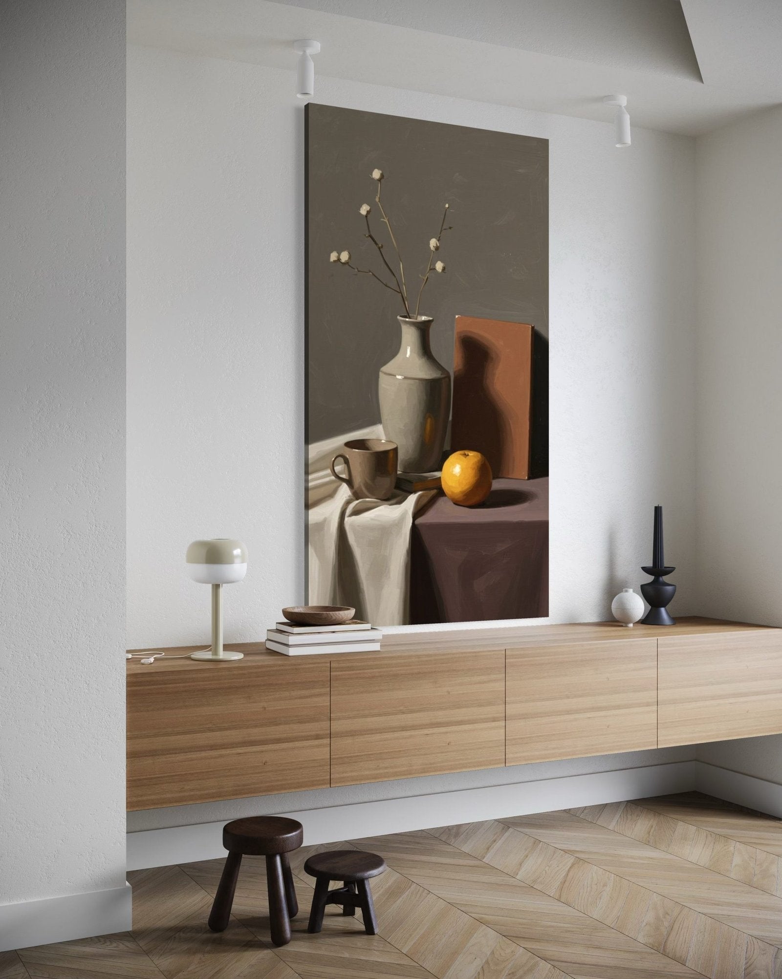 Golden Orange: A Modern Still Life of Fruit Paintings for Kitchen Decor