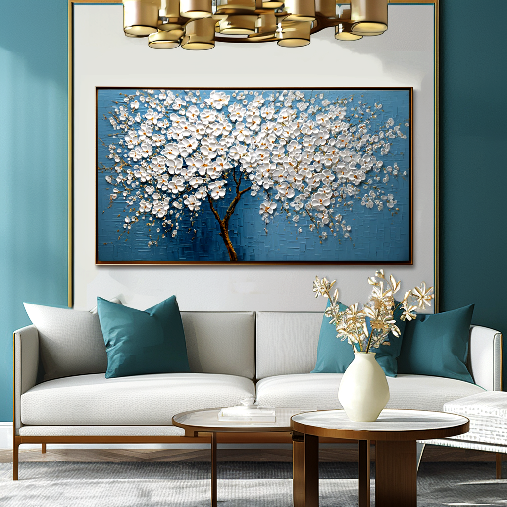 Ivory Blossom Cascade: A Heavily Textured Tree Wall Art in White and Blue