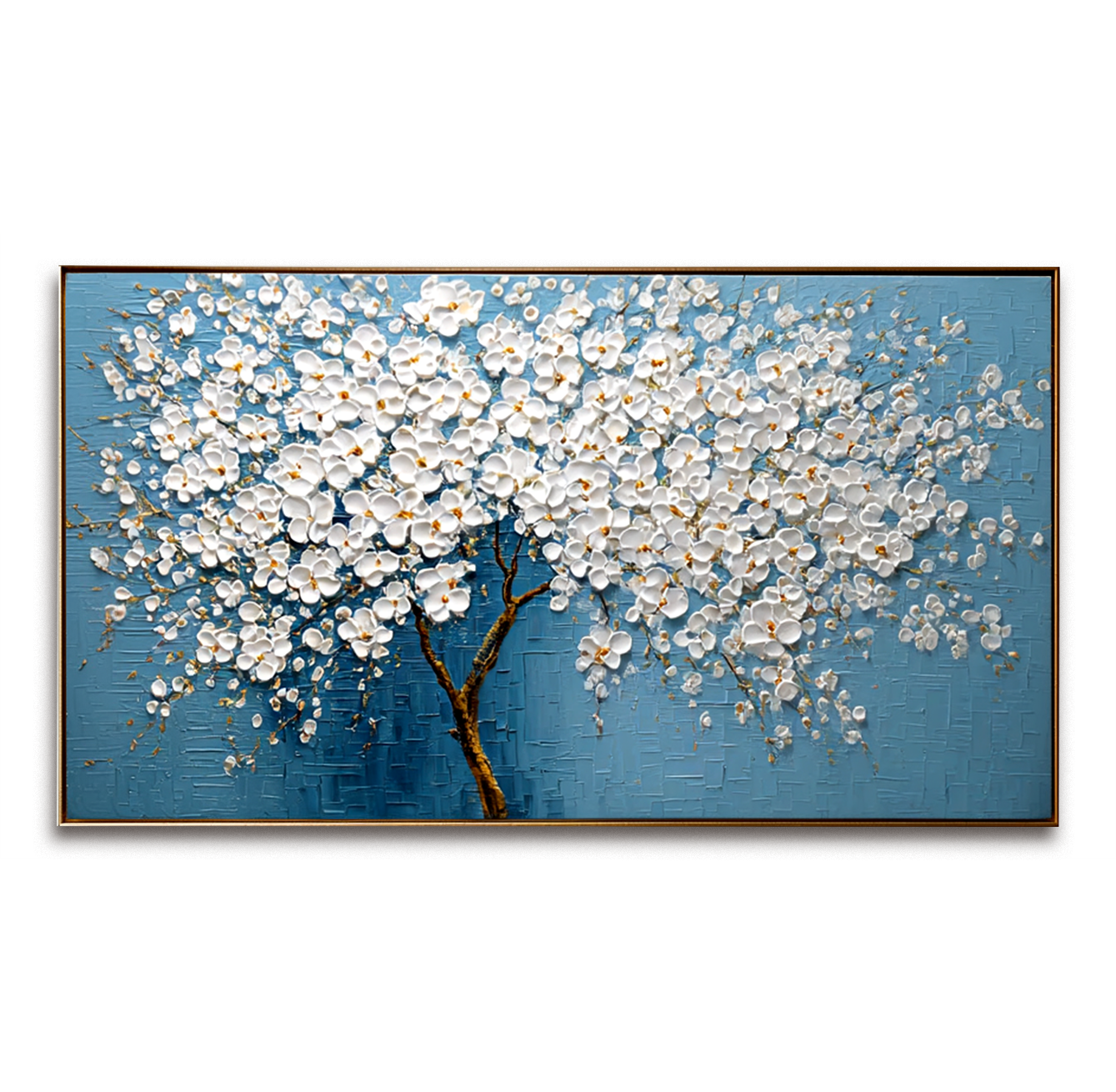 Ivory Blossom Cascade: A Heavily Textured Tree Wall Art in White and Blue