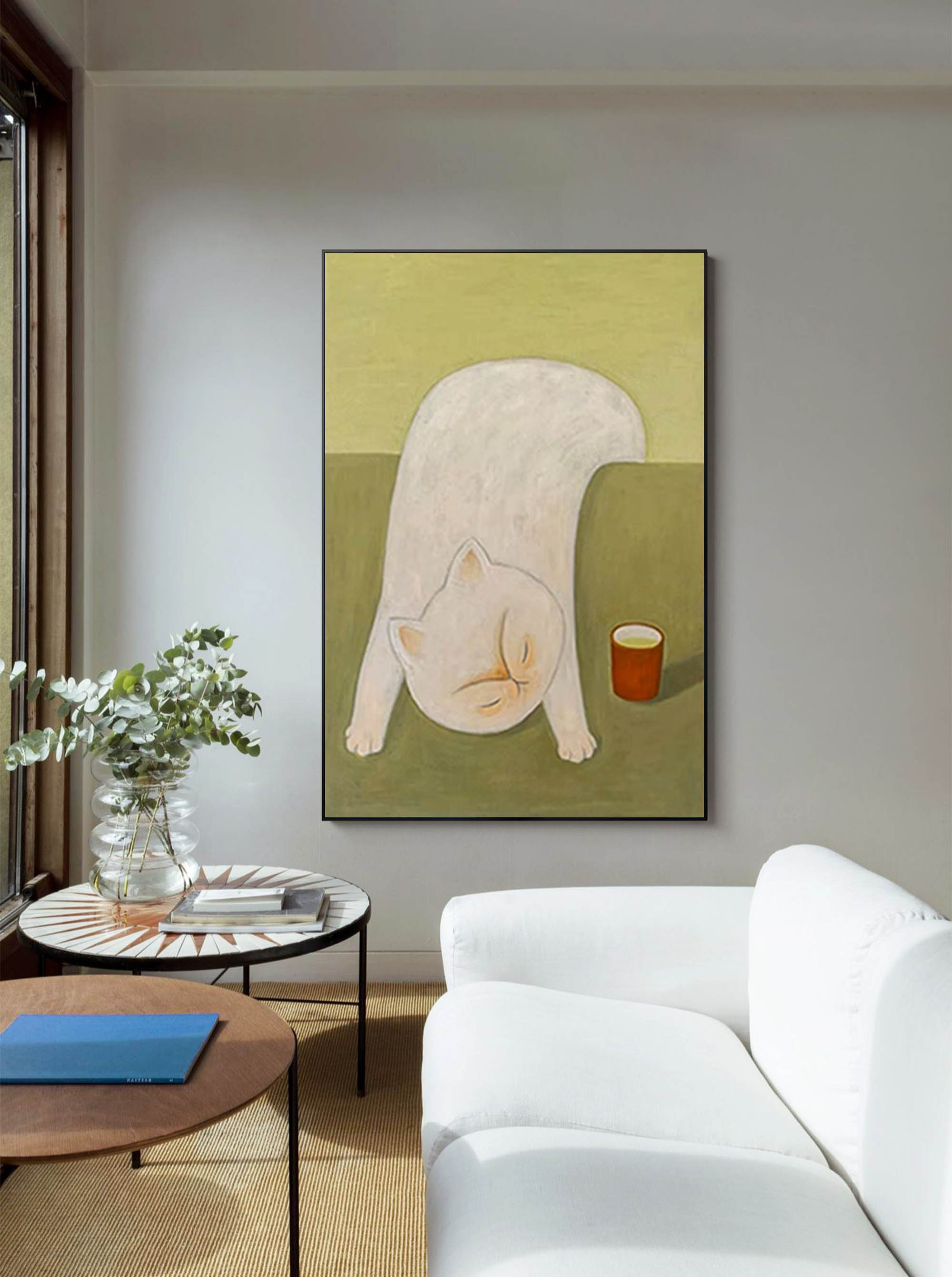 Tea Time Nap: A Whimsical Cat Wall Art for Dining Room Decor