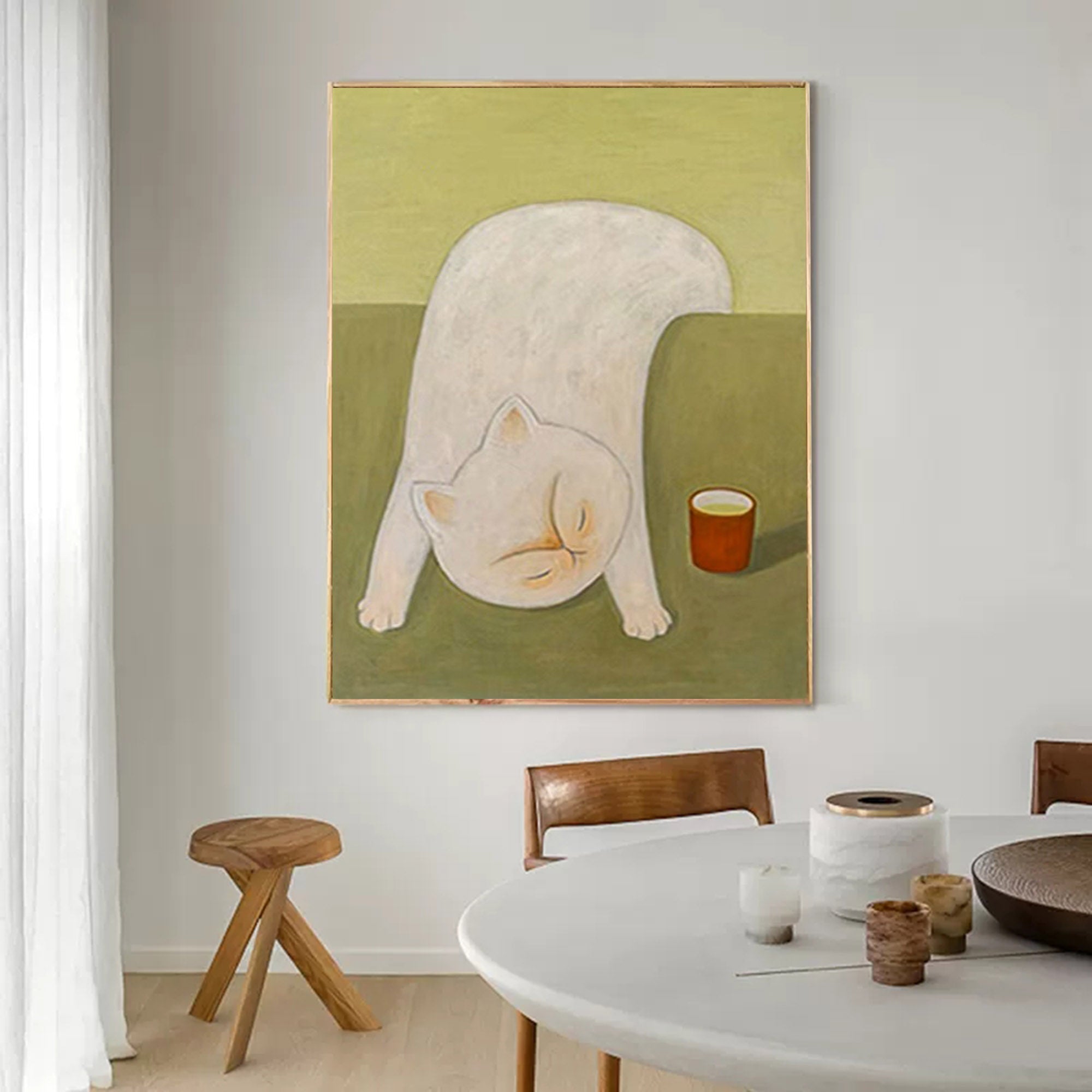 Tea Time Nap: A Whimsical Cat Wall Art for Dining Room Decor