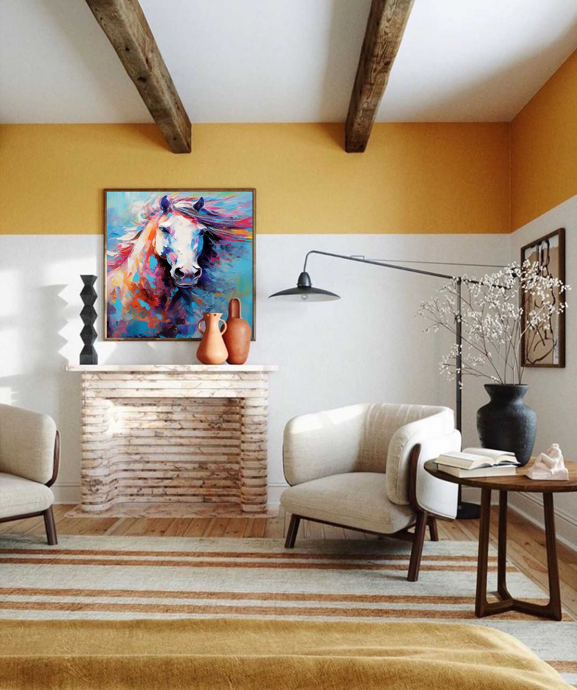 Chromatic Gallop: A Textured Horse Wall Art for Living Room Decor