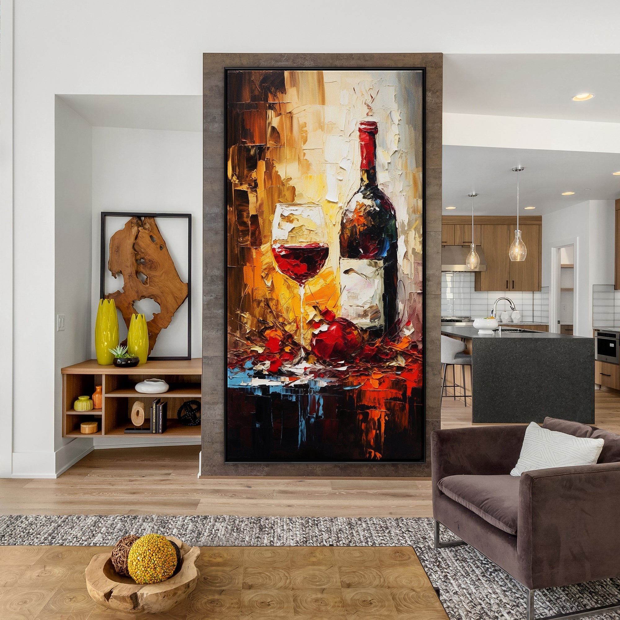 Evening Repose: A Textured Red Wine Painting for Kitchen Wall Art