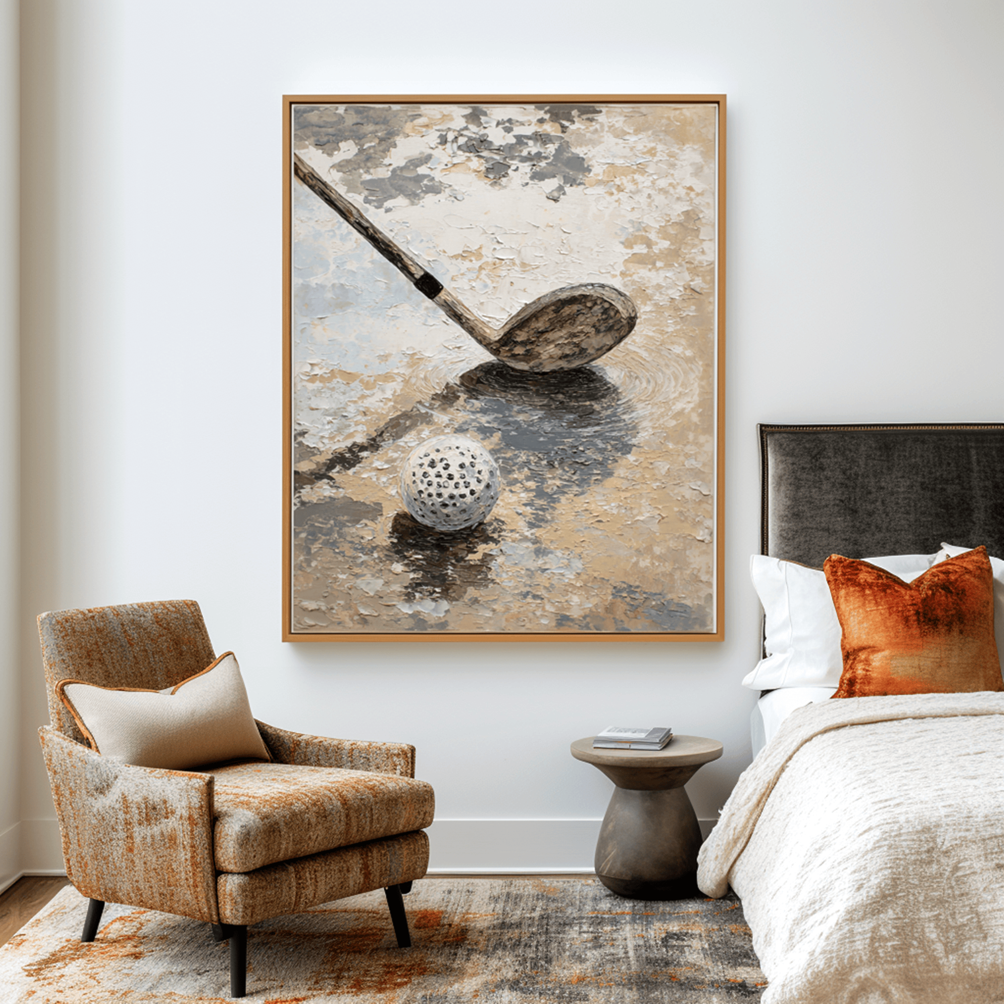 Neutral Golf Wall Art, Textured Beige Gray Canvas Painting for Sports Room or Office