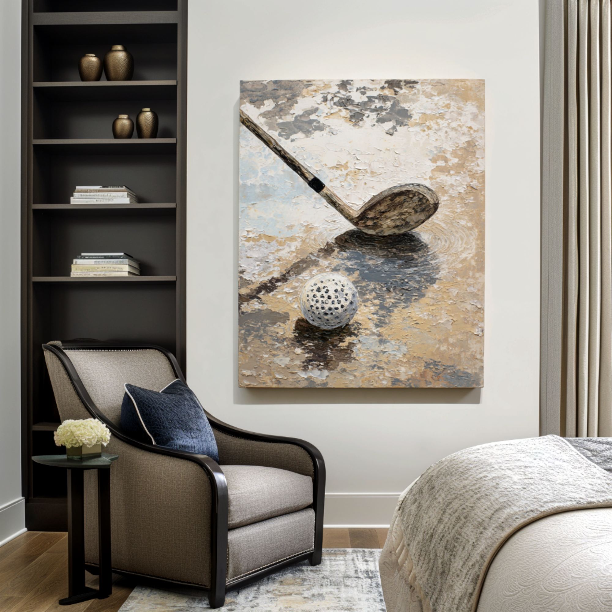 Neutral Golf Wall Art, Textured Beige Gray Canvas Painting for Sports Room or Office