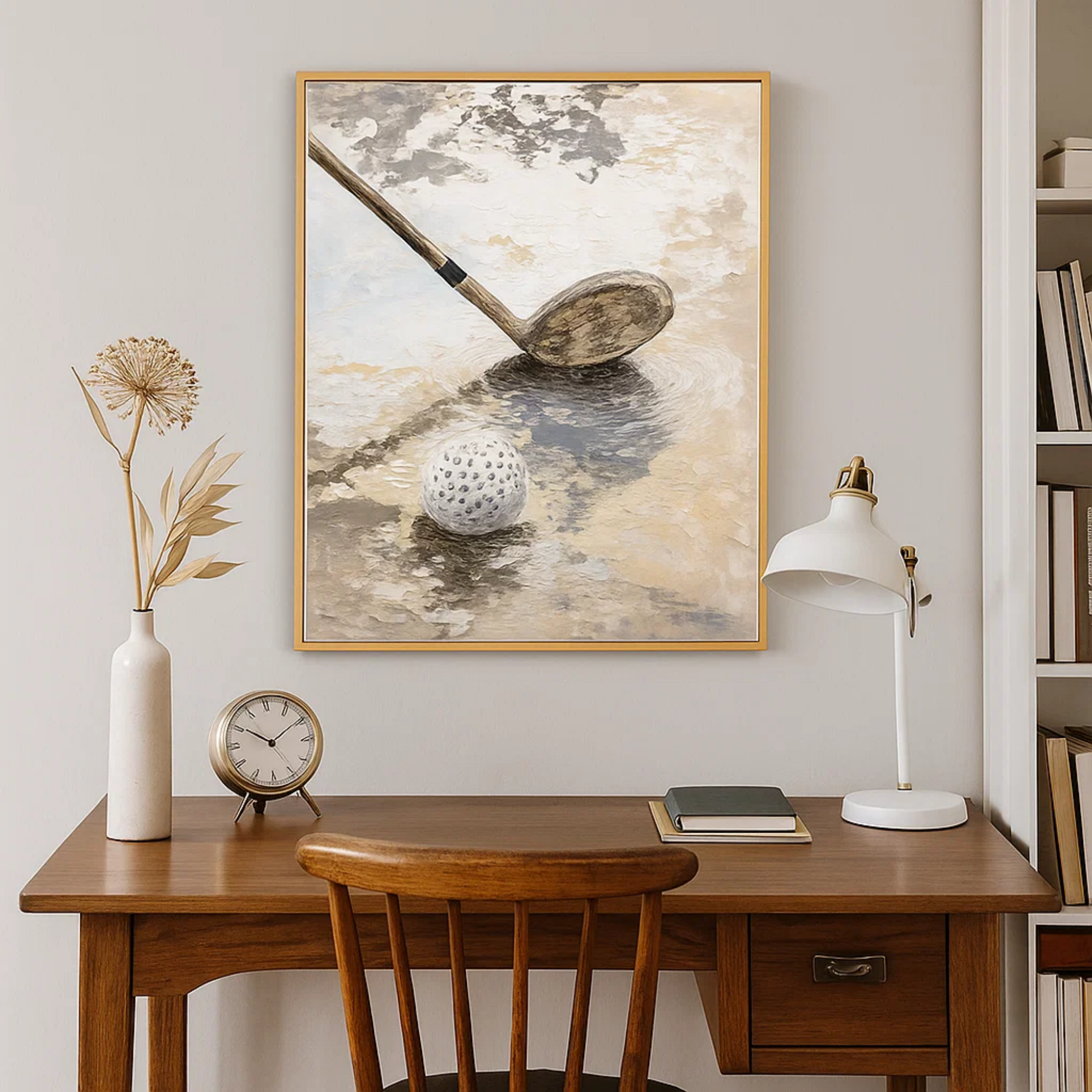 Neutral Golf Wall Art, Textured Beige Gray Canvas Painting for Sports Room or Office
