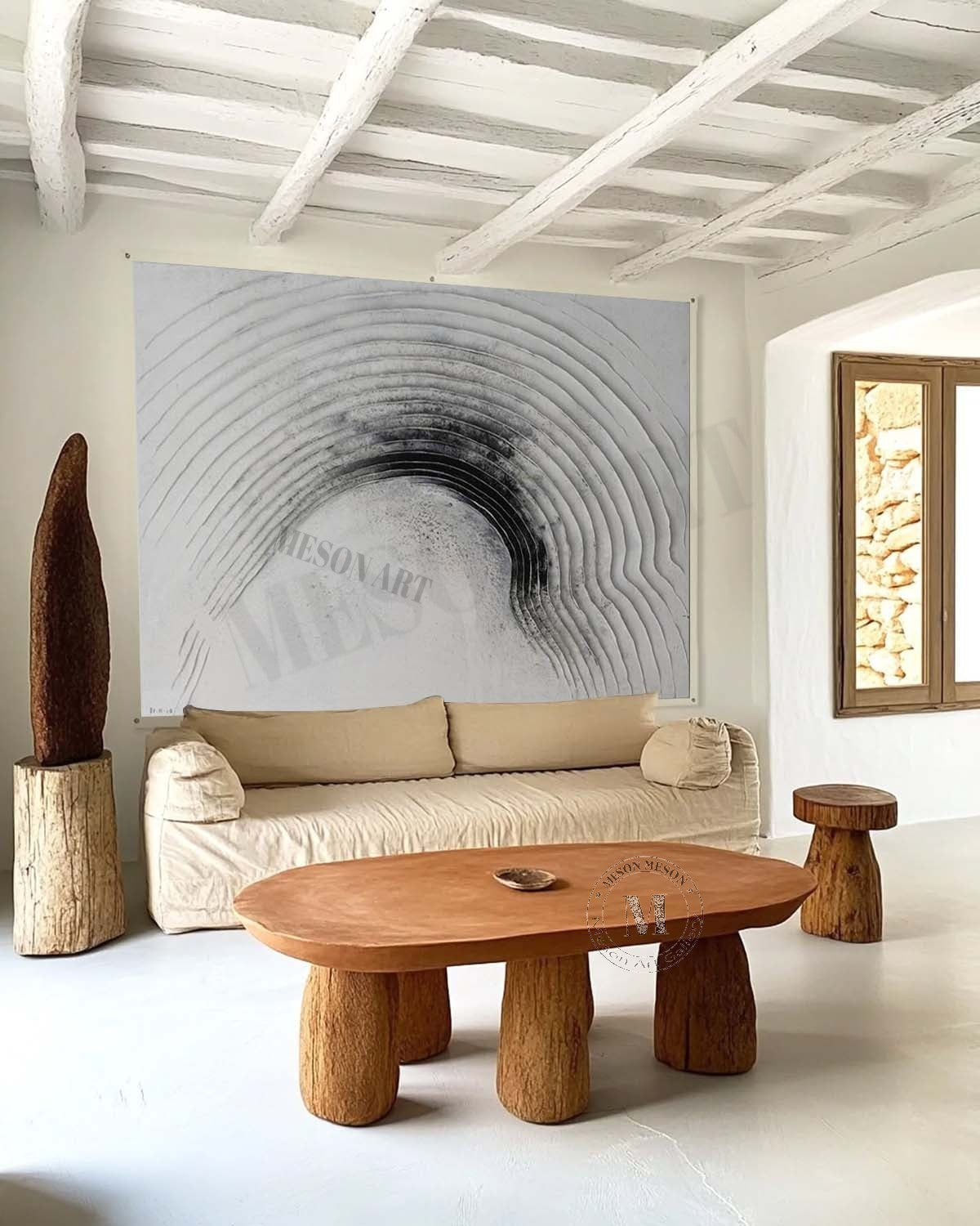 Wabi Sabi Black and White Textured Wall Art, Minimal Abstract Arch Canvas for Modern Living Room