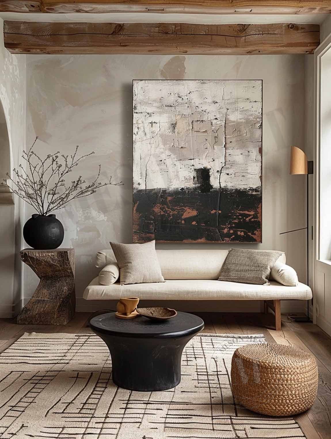 Vestige of Time: Raw Wabi Sabi Textured Abstract Painting in Black and White