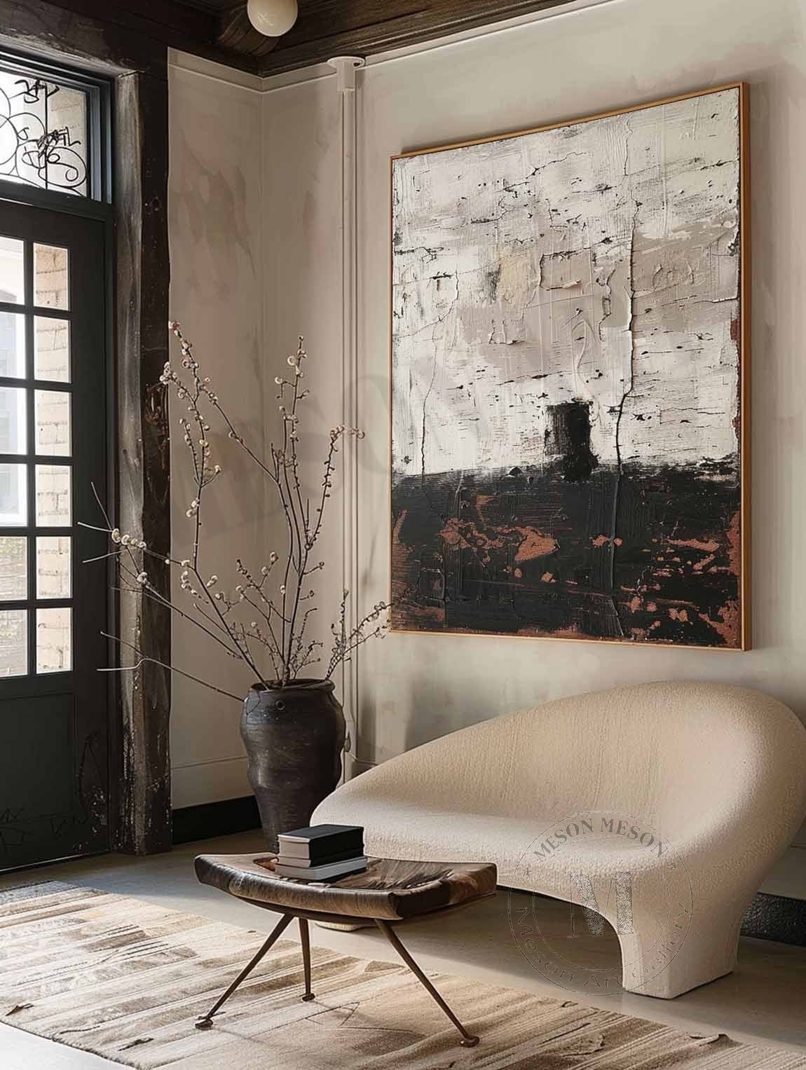 Vestige of Time: Raw Wabi Sabi Textured Abstract Painting in Black and White