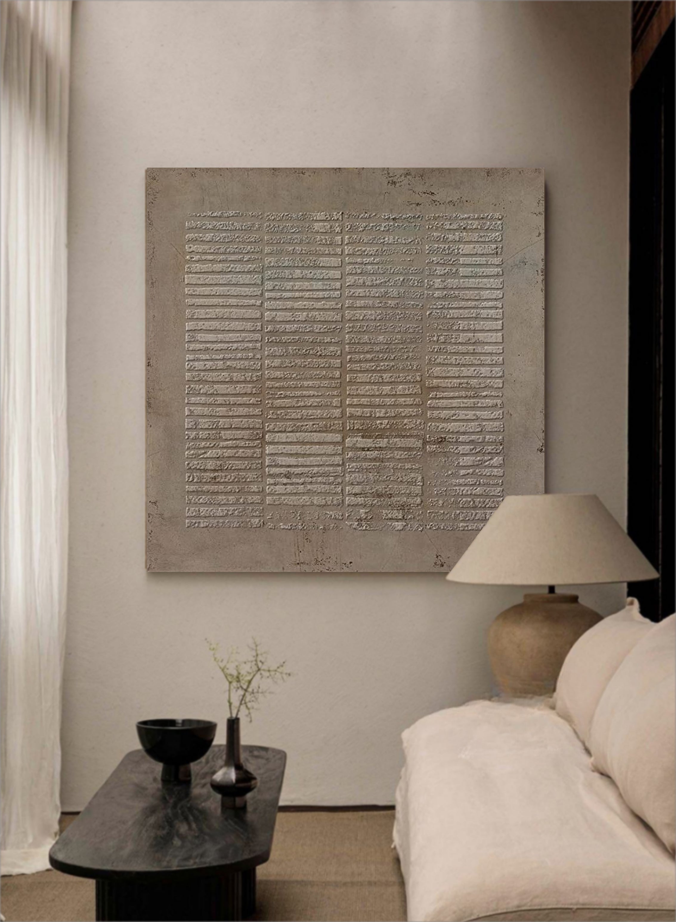 Wabi Sabi Neutral Grid Textured Wall Art, Minimal Abstract Square Canvas for Living Room