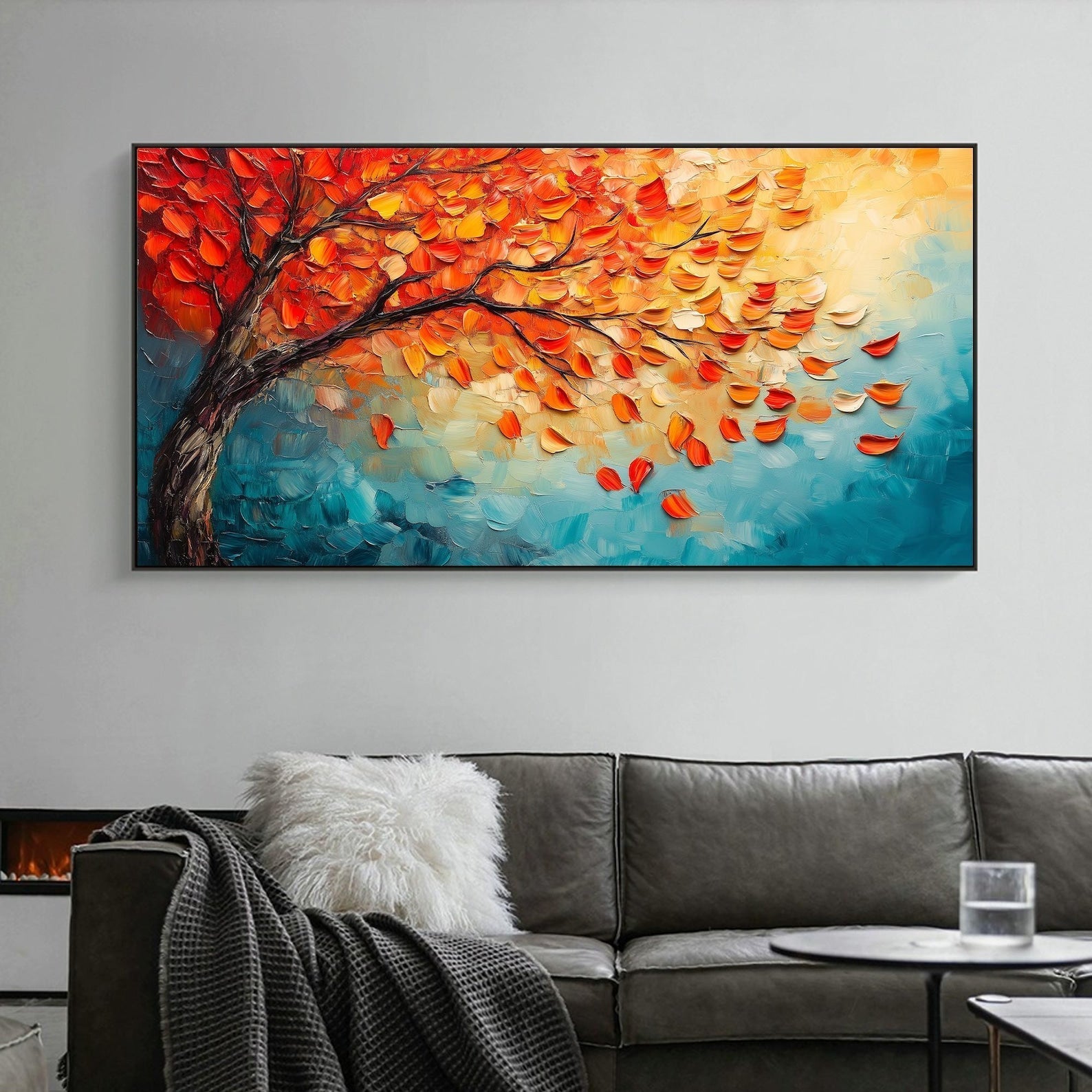 Autumn's Fire: Vibrant Textured Autumn Tree Painting for Living Room Landscape Wall Art