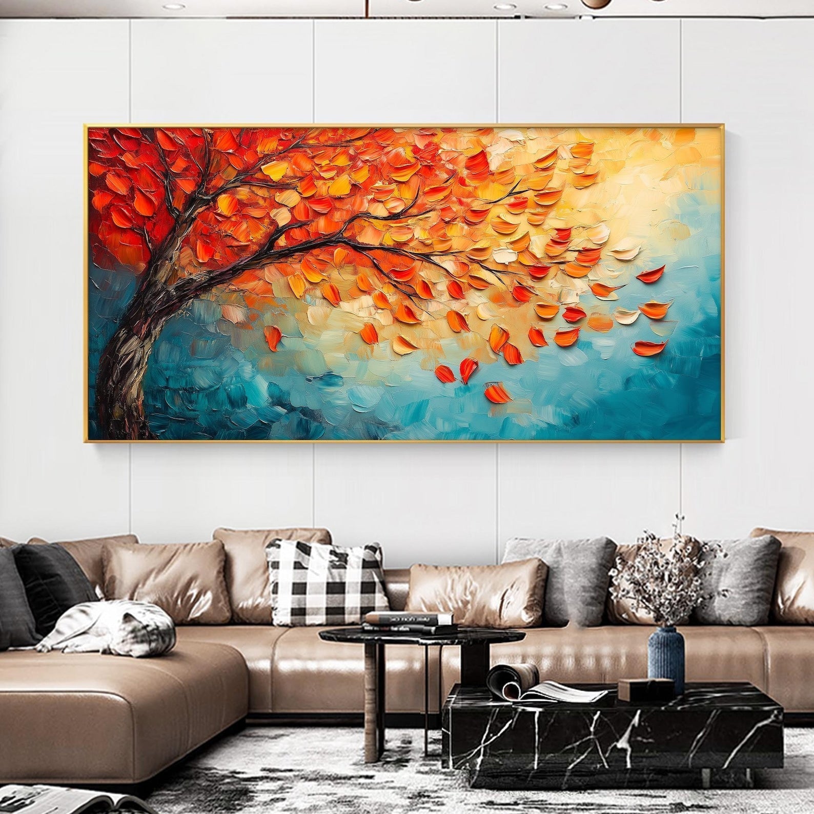 Autumn's Fire: Vibrant Textured Autumn Tree Painting for Living Room Landscape Wall Art