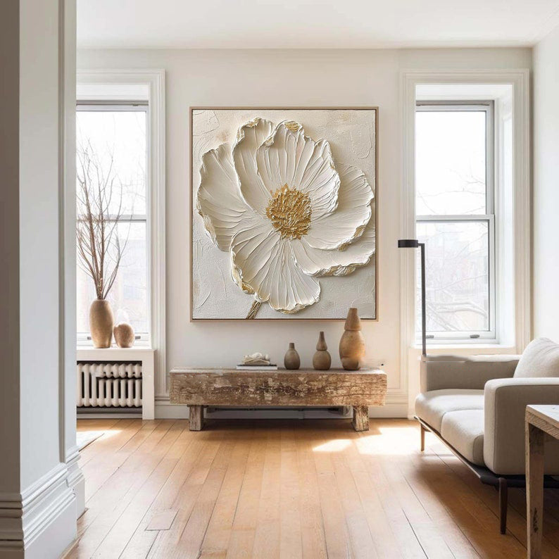 Gilded Bloom: A Textured 3D Flower Wall Art for Bedroom Decor