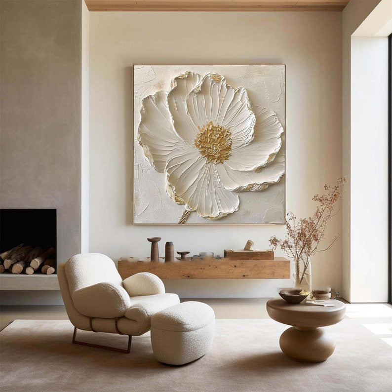 Gilded Bloom: A Textured 3D Flower Wall Art for Bedroom Decor
