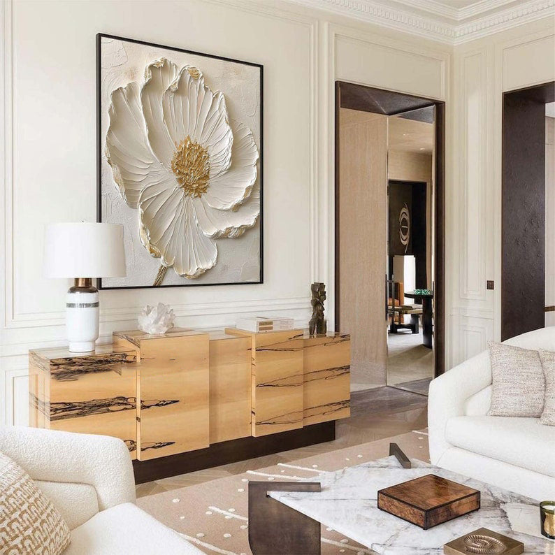 Gilded Bloom: A Textured 3D Flower Wall Art for Bedroom Decor