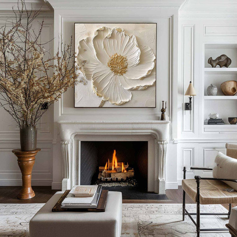 Gilded Bloom: A Textured 3D Flower Wall Art for Bedroom Decor