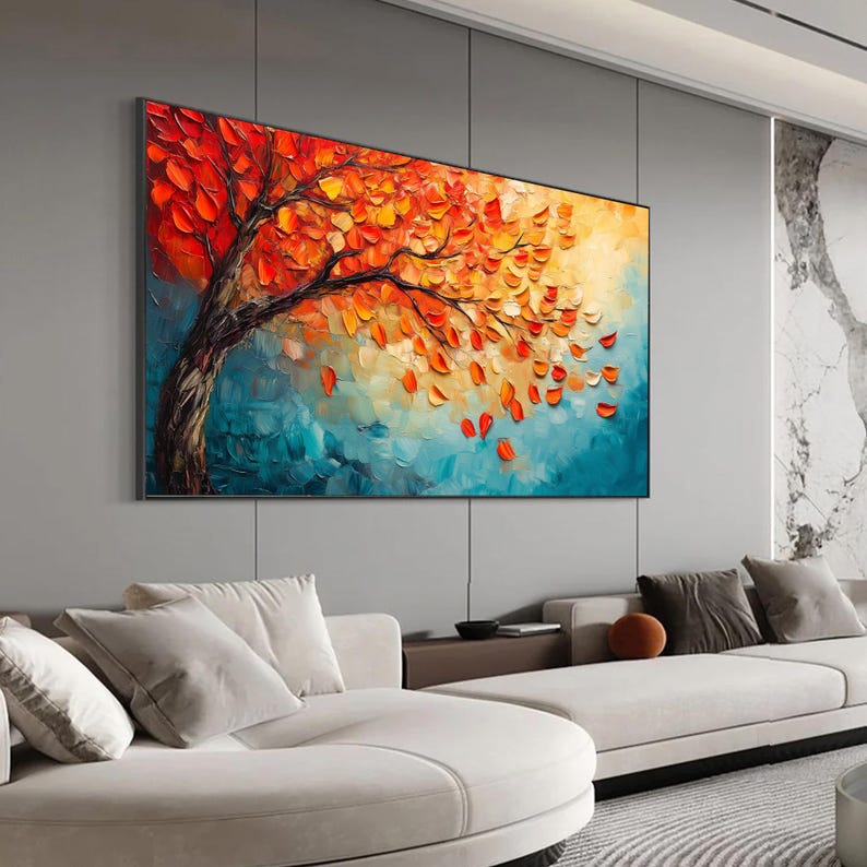 Autumn's Fire: Vibrant Textured Autumn Tree Painting for Living Room Landscape Wall Art