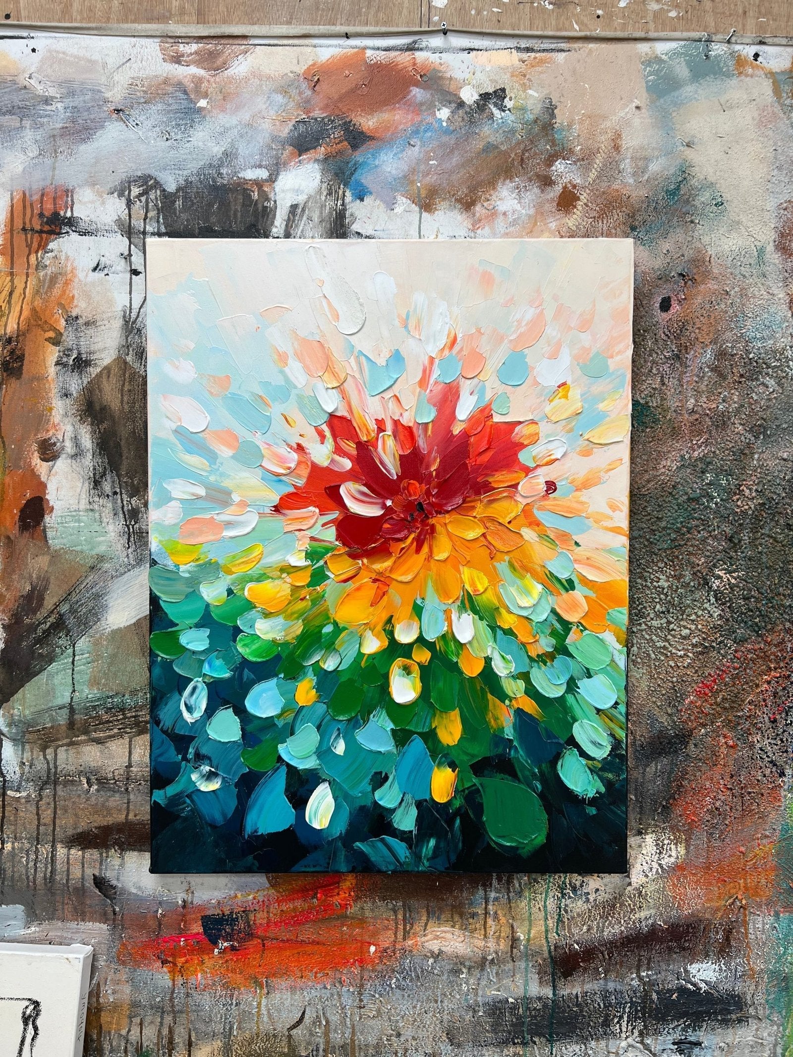 Chromatic Bloom: Textured Abstract Floral Paintings for Bedroom Decor