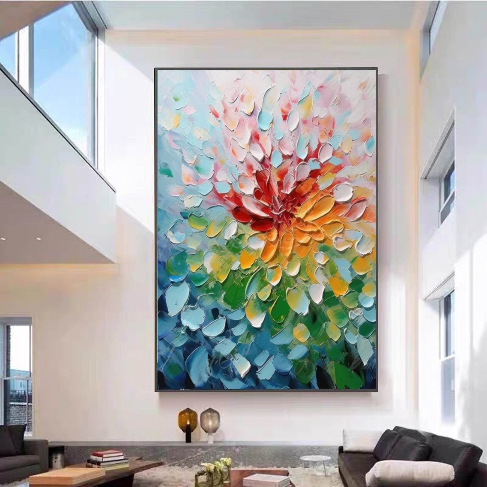 Chromatic Bloom: Textured Abstract Floral Paintings for Bedroom Decor