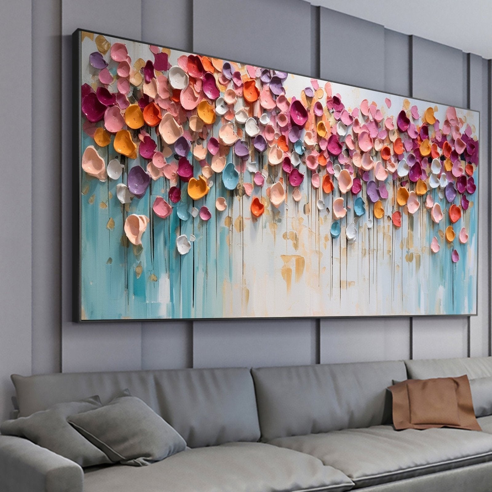 Petal Cascade: A Textured Abstract Floral Paintings for Living Room