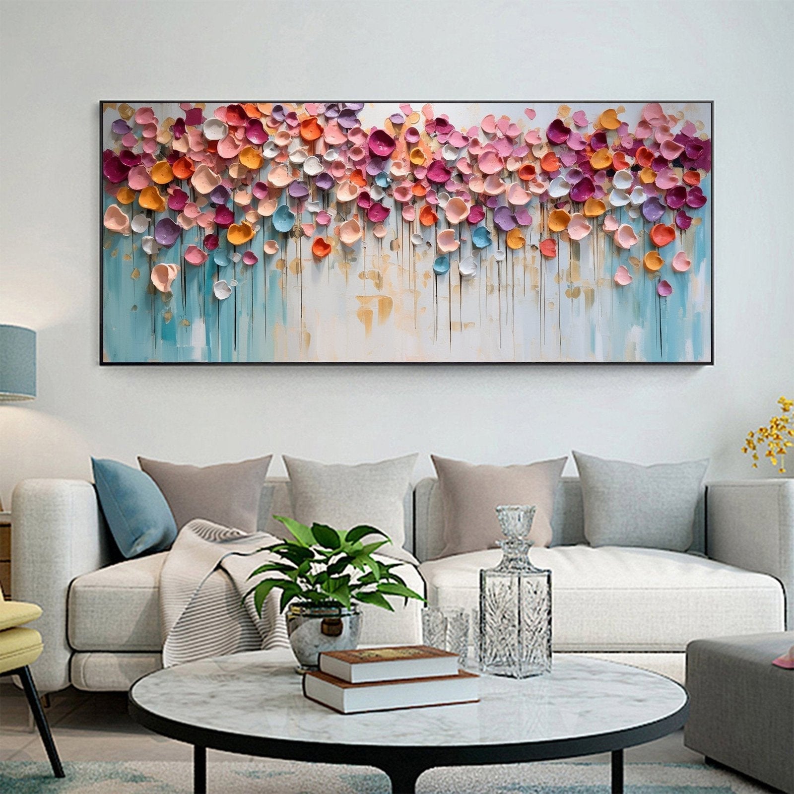Petal Cascade: A Textured Abstract Floral Paintings for Living Room