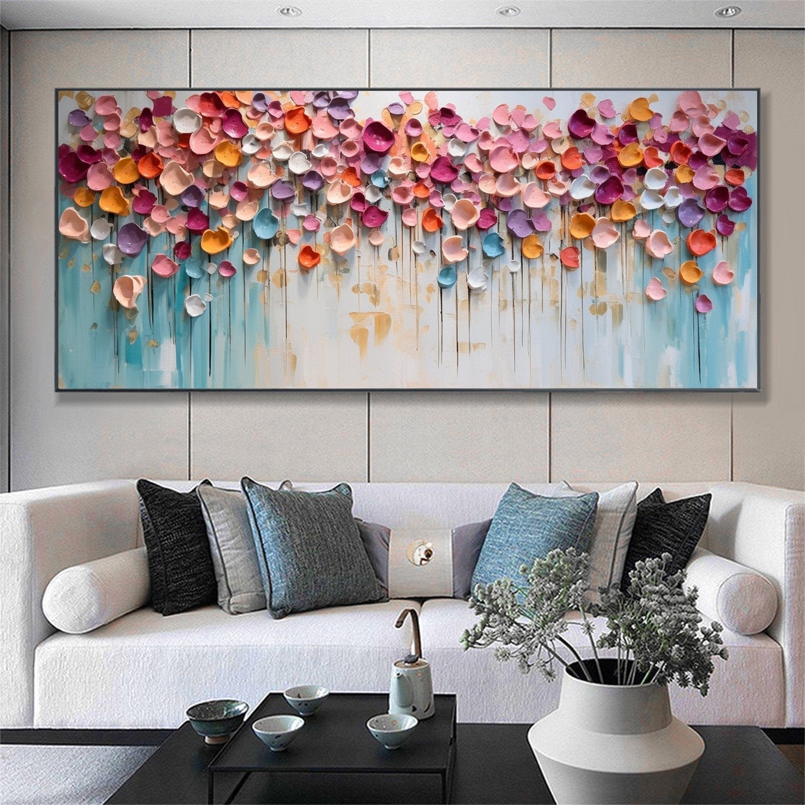 Petal Cascade: A Textured Abstract Floral Paintings for Living Room