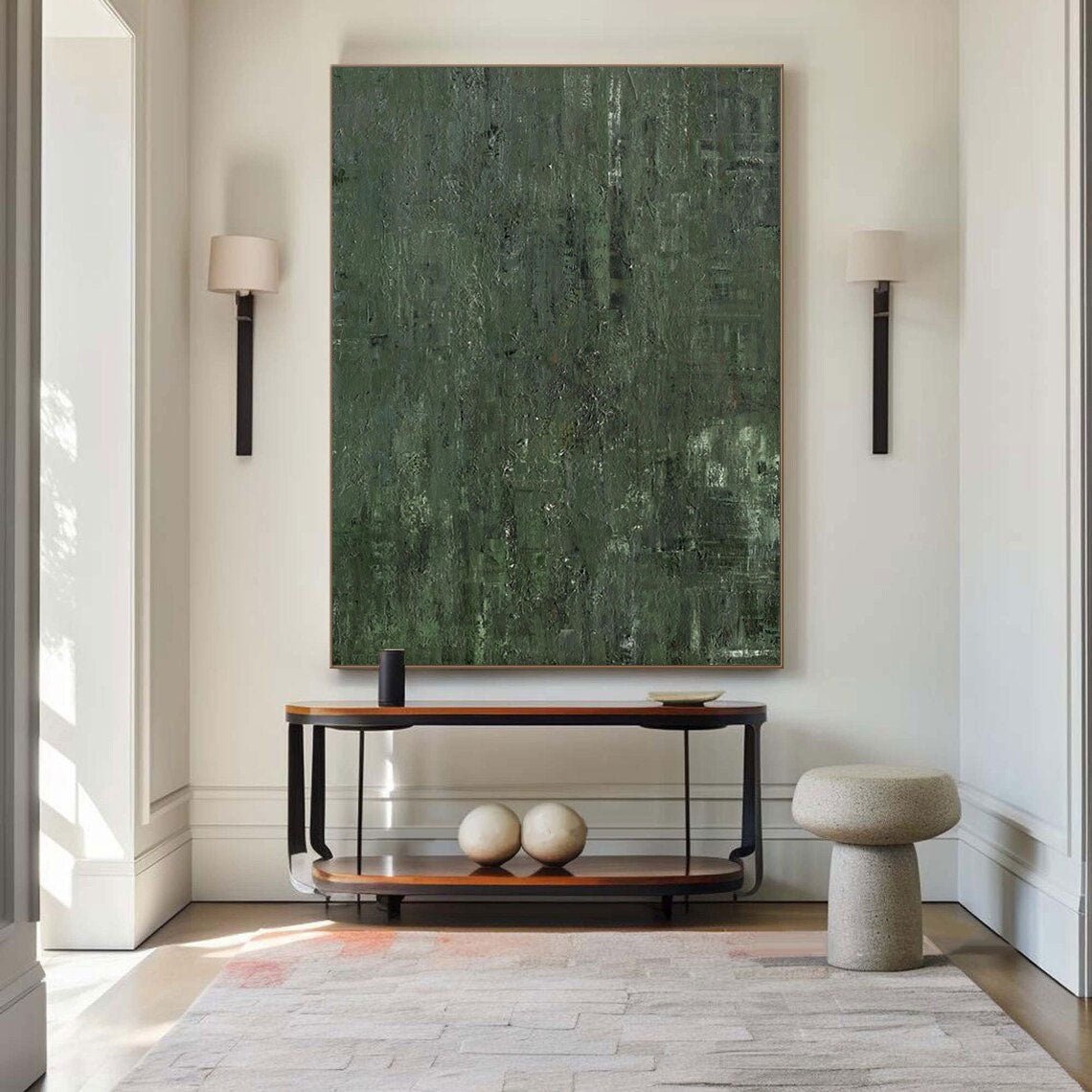 Veridian Depths: A Large Minimalist Green Abstract Wall Art for Earthy Interiors