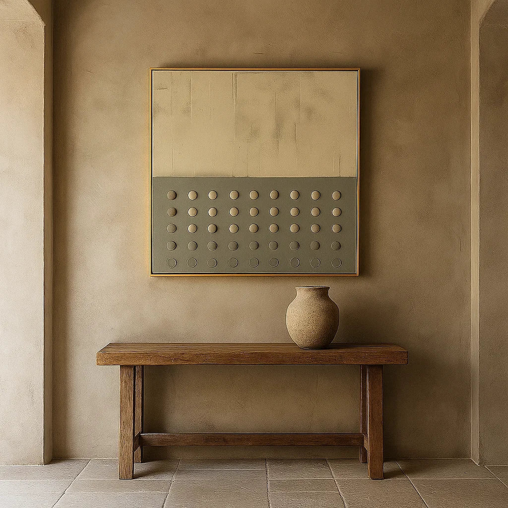 Wabi Sabi Neutral Dot Grid Textured Wall Art, Minimal Square Canvas for Living Room