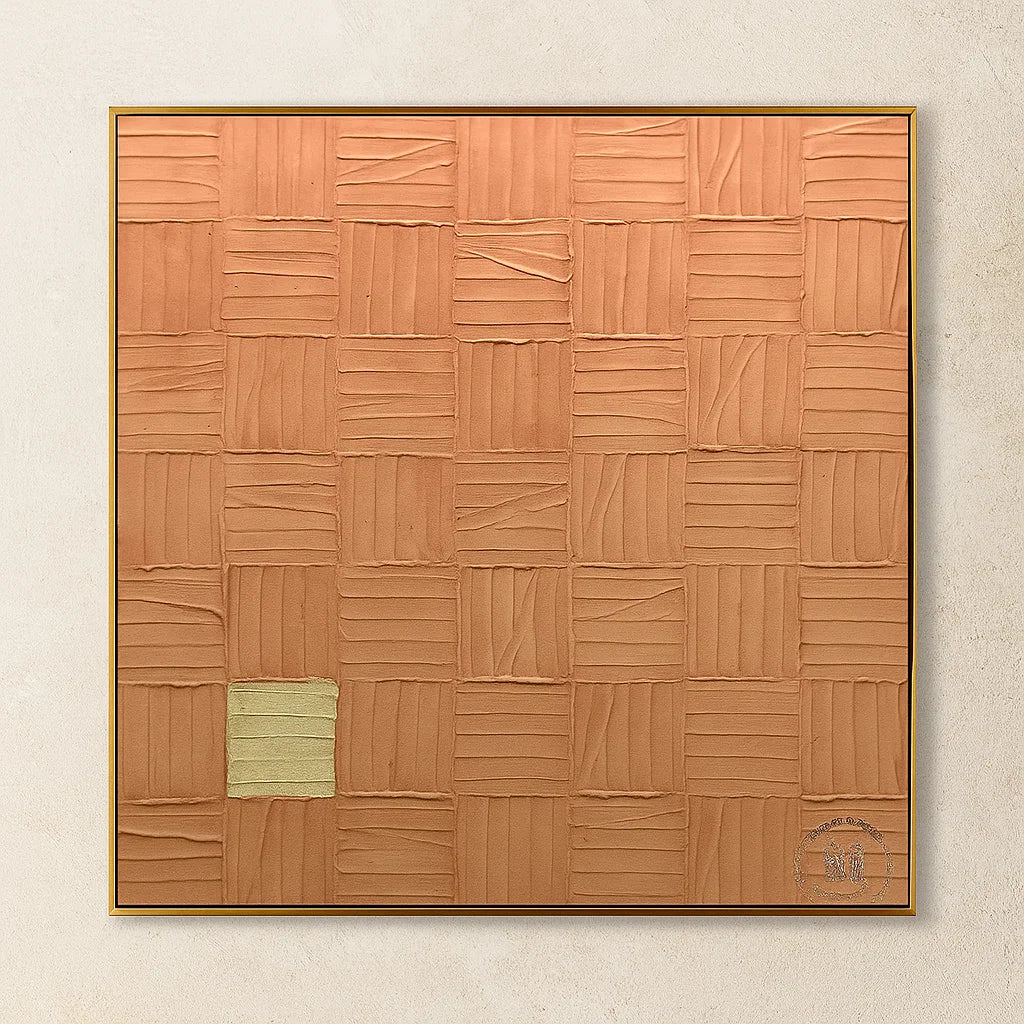 Wabi Sabi Terracotta Grid Textured Wall Art, Minimal Abstract Square Canvas for Living Room
