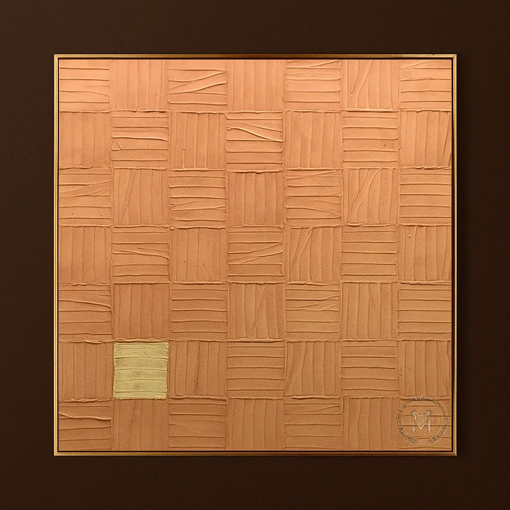 Wabi Sabi Terracotta Grid Textured Wall Art, Minimal Abstract Square Canvas for Living Room