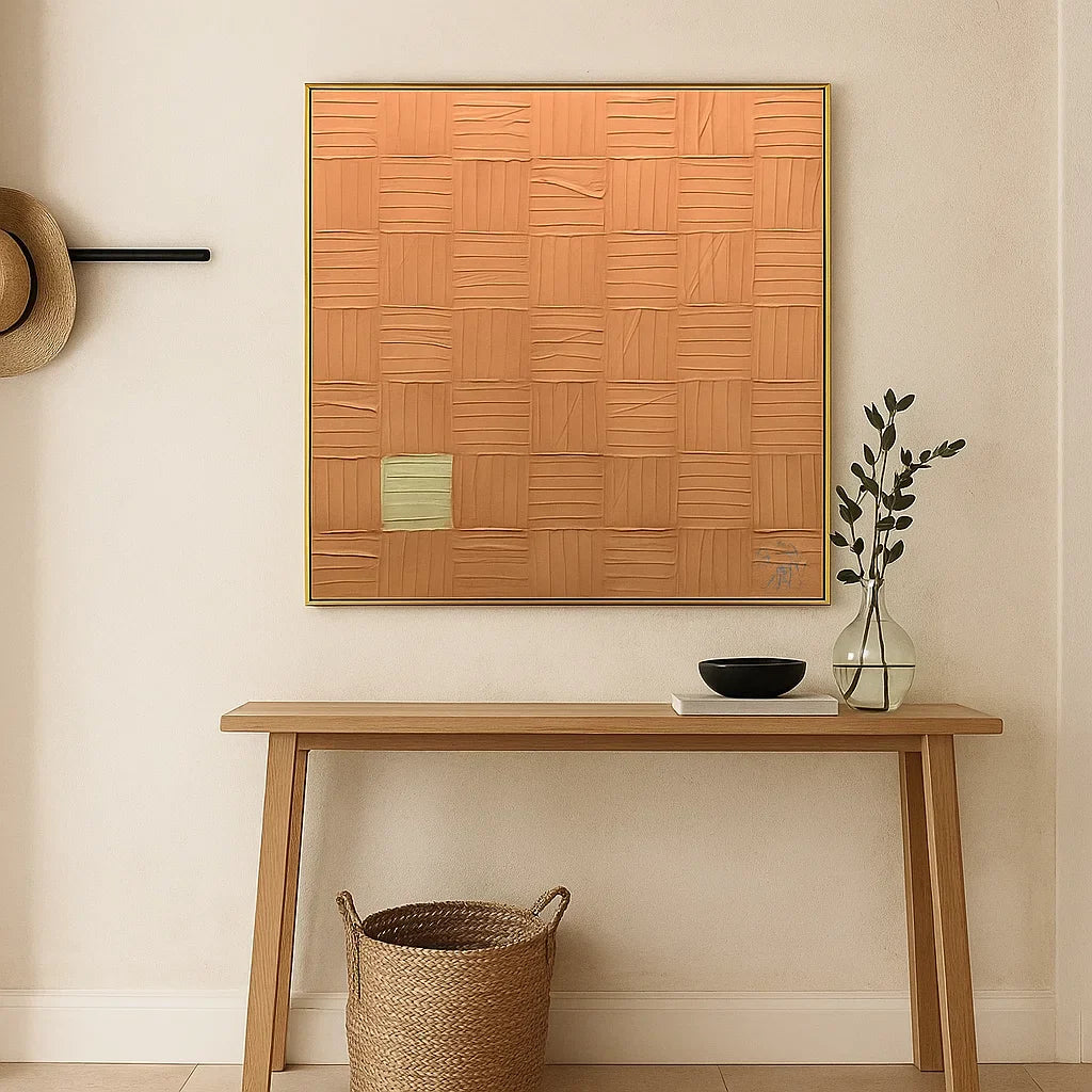 Wabi Sabi Terracotta Grid Textured Wall Art, Minimal Abstract Square Canvas for Living Room