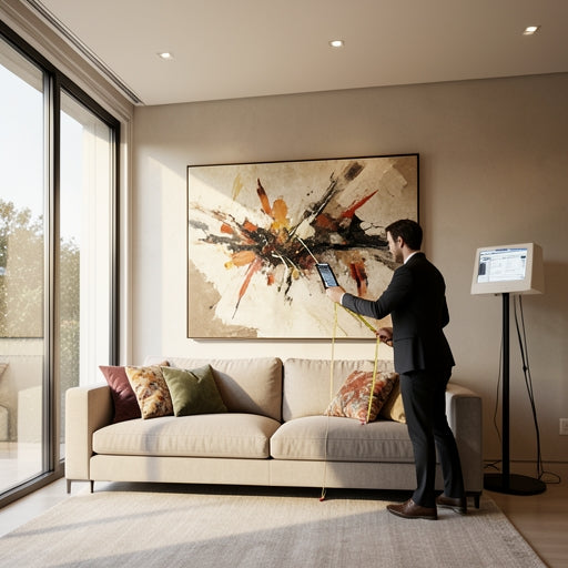 Interior designer planning the placement of large canvas wall art in a modern living room