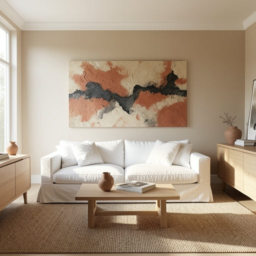 A large horizontal piece of earth tone wall art in a warm and inviting modern living room.
