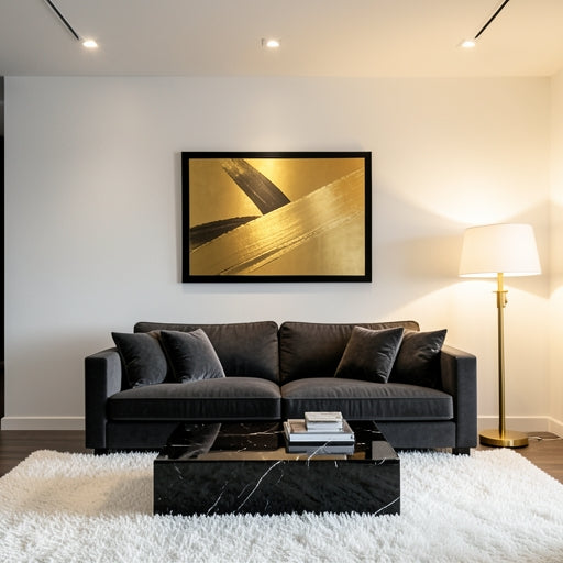 Luxurious modern living room featuring a striking gold abstract wall art canvas over a sofa