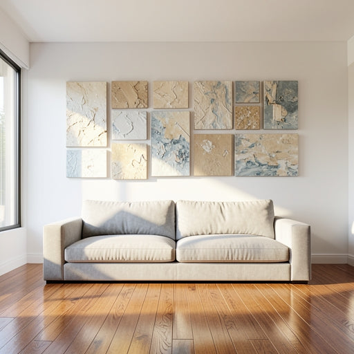 A professionally arranged gallery wall with various abstract art pieces in a modern living room.