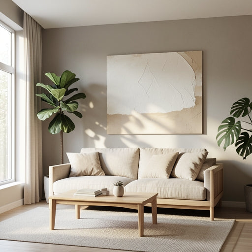 A serene Japandi living room featuring minimalist textured wall art and natural wood furniture.