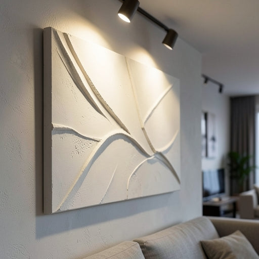Dramatic directional lighting highlighting the depth and shadows of a textured abstract painting.