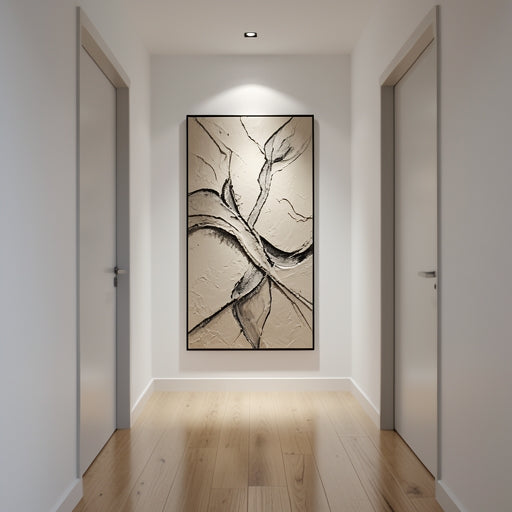A tall vertical abstract painting used as hallway wall art to add character to a narrow space.