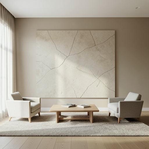Neutral Wabi-Sabi textured wall art canvas hanging in a minimalist living room