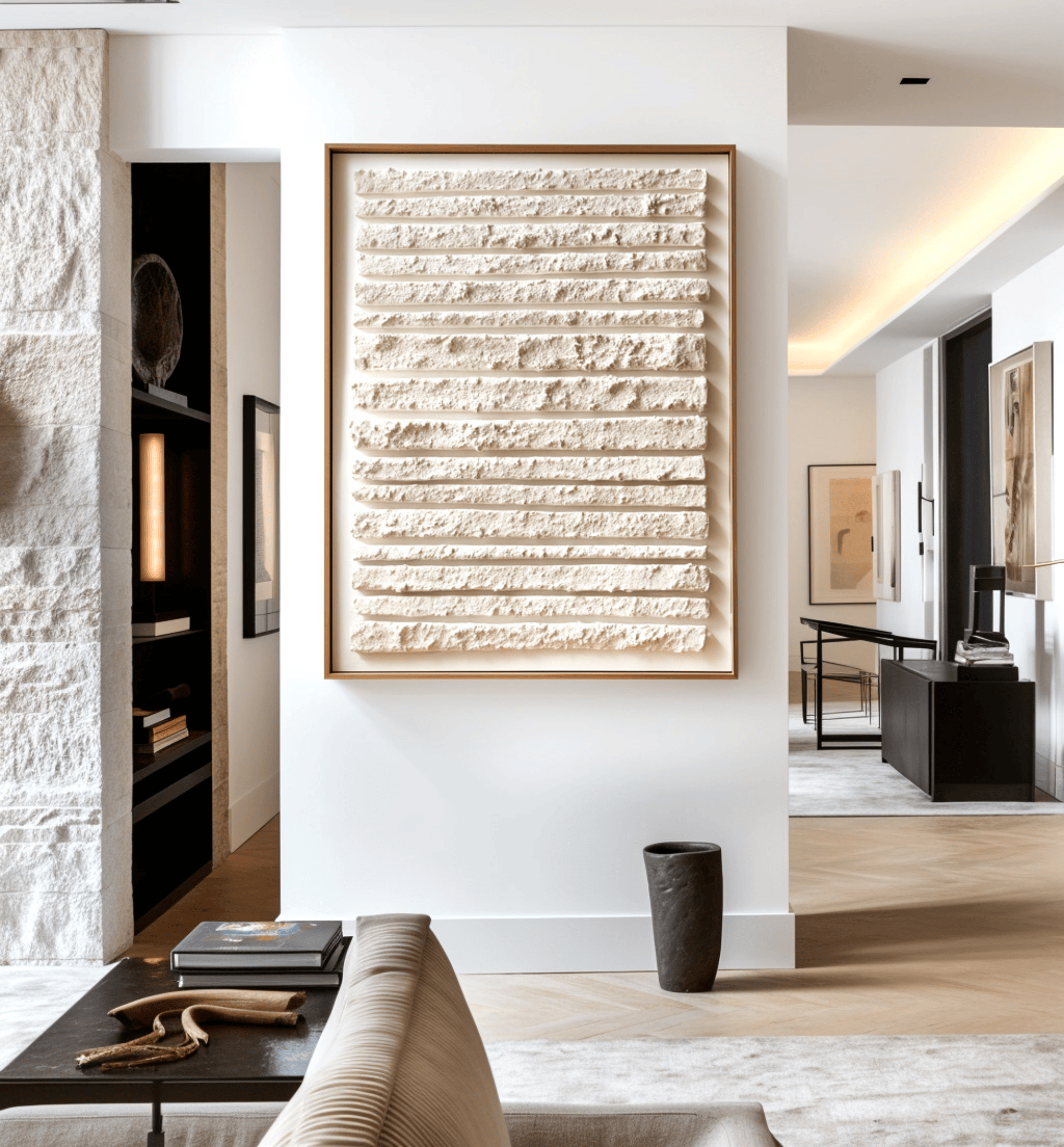 Wabi Sabi Textured Wall Art, Neutral White Minimal Lines Canvas for Living Room Decor
